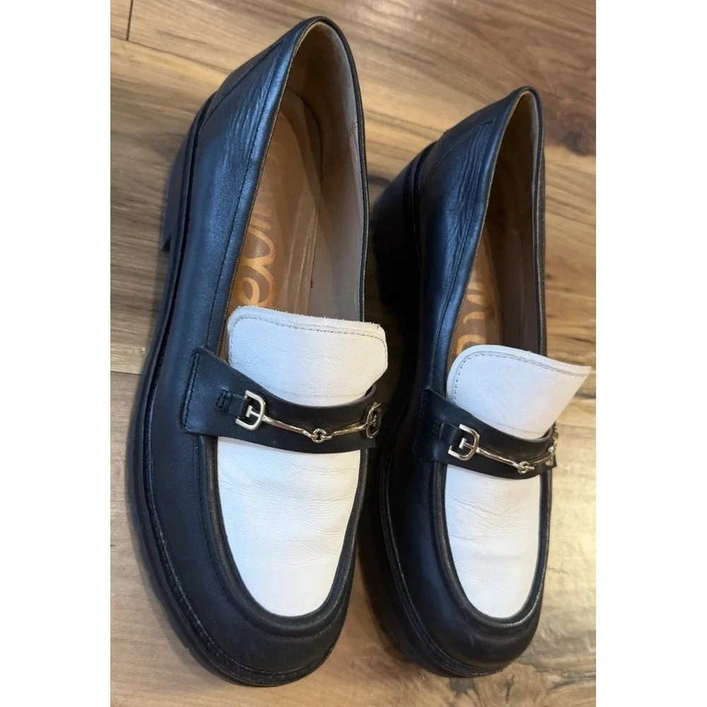 Sam Edelman Tully Bit Loafers Womens 9M Black White Leather Lug Sole Shoes - Picture 2 of 16
